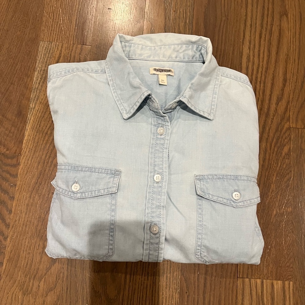 Talbots Button Up Women Medium Petite Lyocell Shirt Roll Tab Sleeve Pocket Blue - Picture 6 of 6